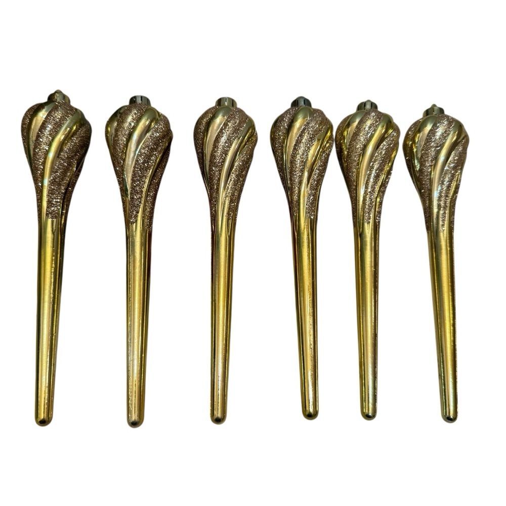 Set of Six Vintage Gold Glitter Blown Glass Icicle Droplet Christmas Ornaments